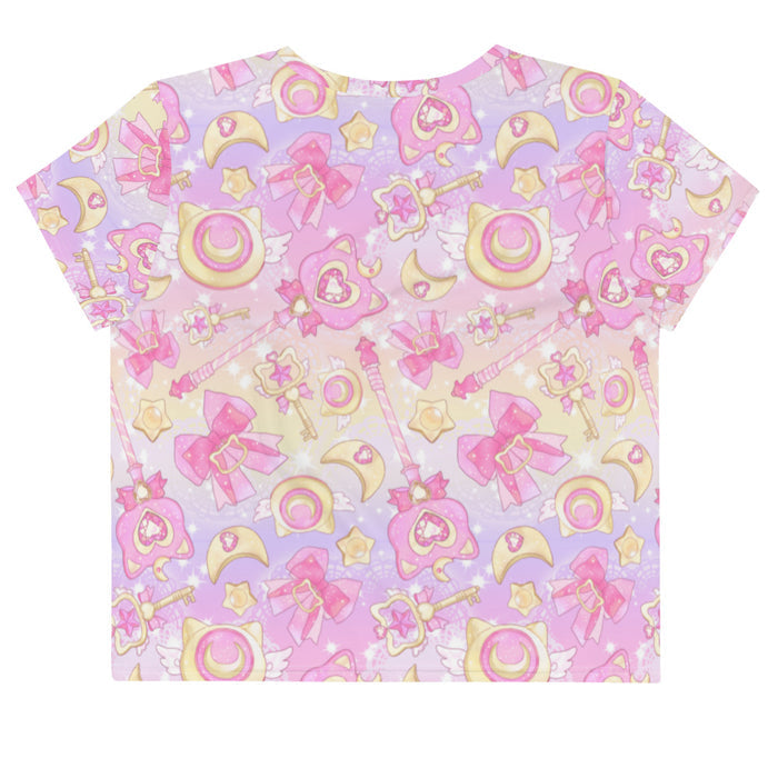 Magical Girl kawaii crop top in pink featuring neko compacts and crescent moons