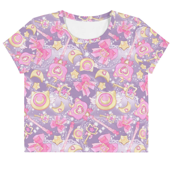 Pink and purple Magical Girl kawaii crop top with ribbon bows and golden stars