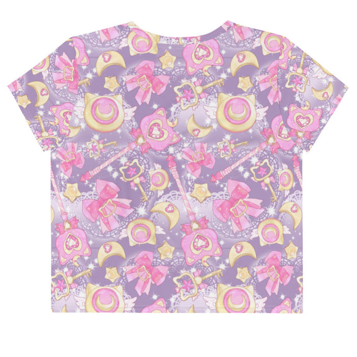 Magical Girl kawaii crop top covered in magic scepters and heart gems, in pink or purple