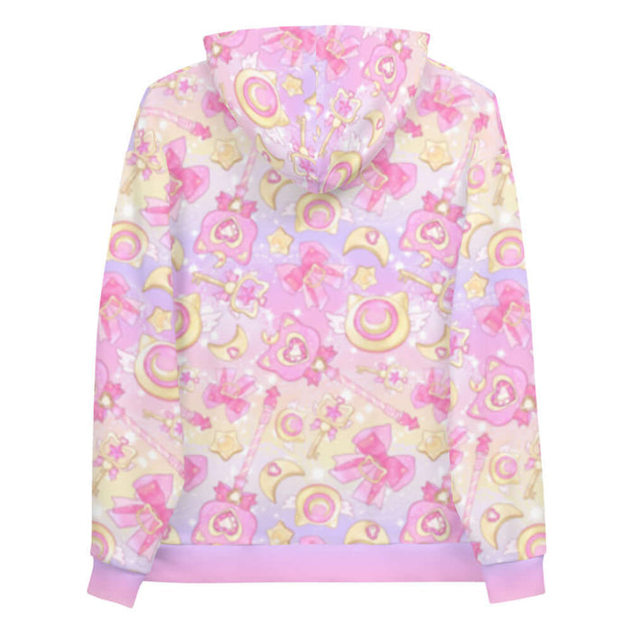 Magical Girl kawaii hoodie in pink featuring neko compacts and crescent moons