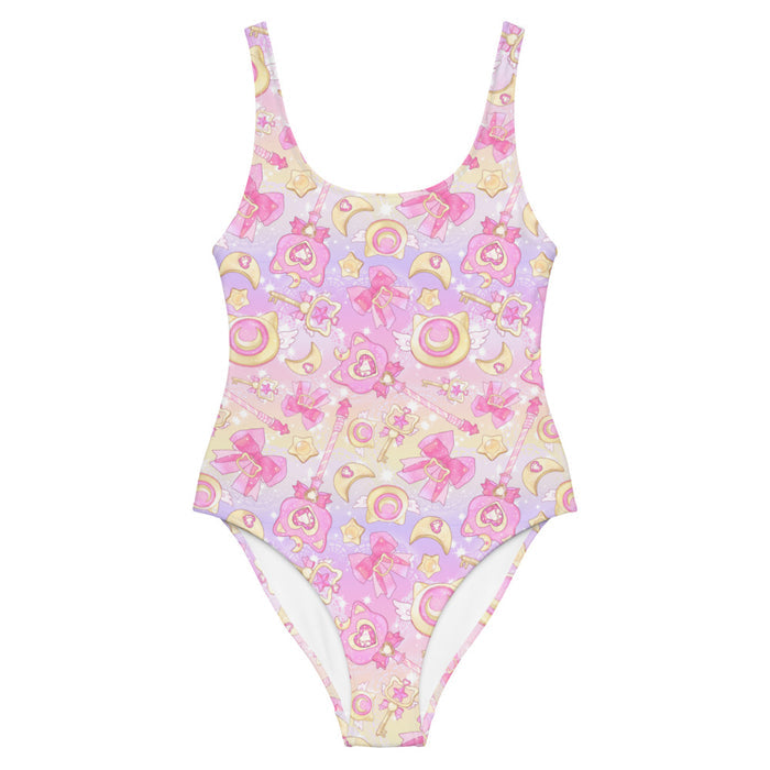 Magical Girl kawaii one-piece swimsuit in pink or purple with gem hearts and star wands