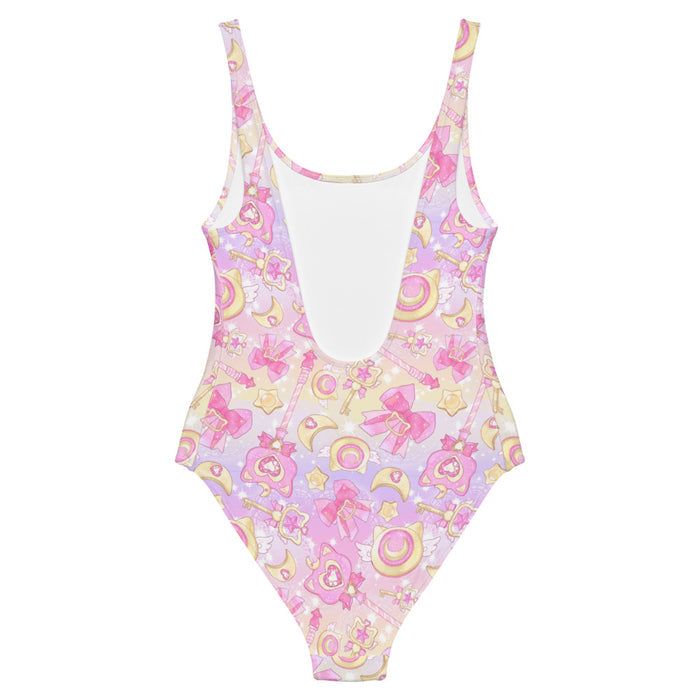 Magical Girl kawaii one-piece swimsuit in purple featuring neko compacts and crescent moons