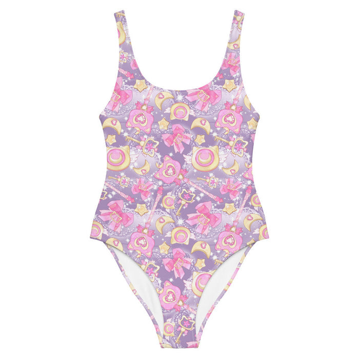Purple Magical Girl kawaii one-piece swimsuit with ribbon bows and golden stars