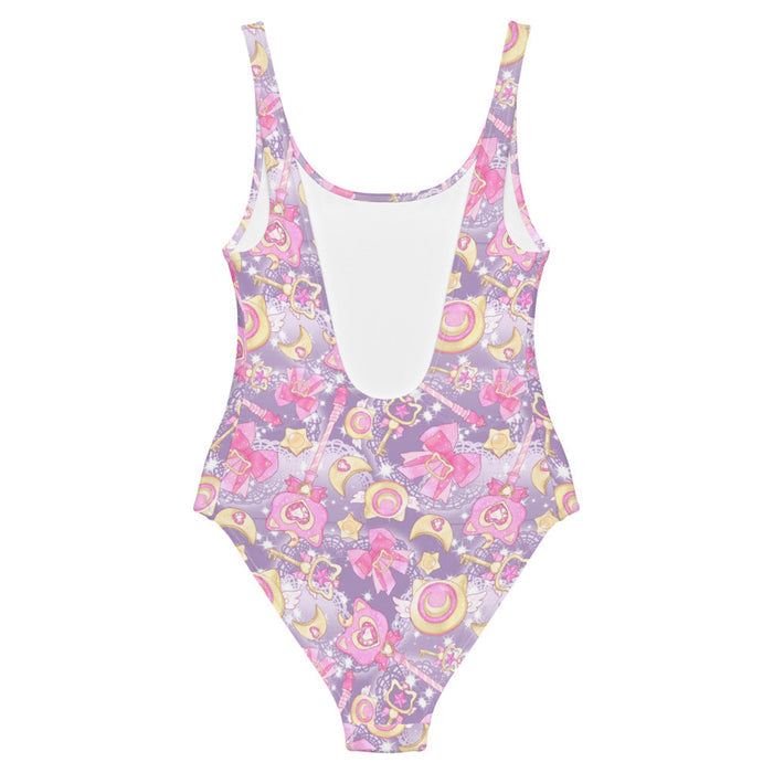 Magical Girl kawaii one-piece swimsuit covered in magic scepters and heart gems, in pink or purple