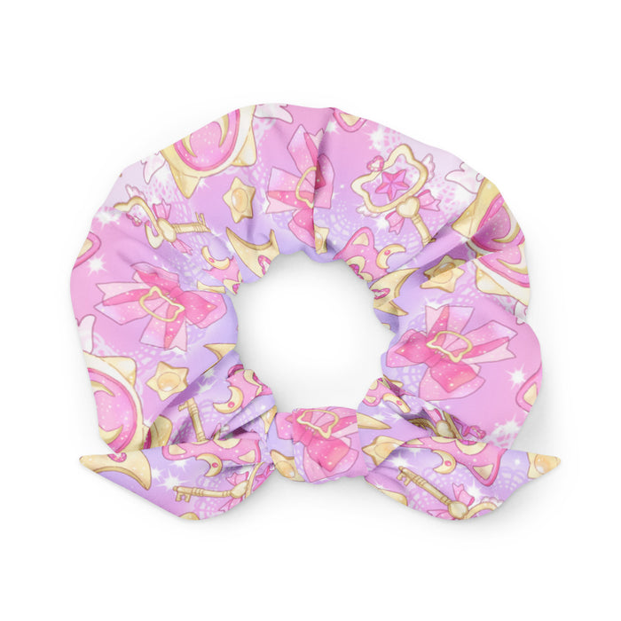 Magical Girl kawaii scrunchie in pink with gem hearts and star wands