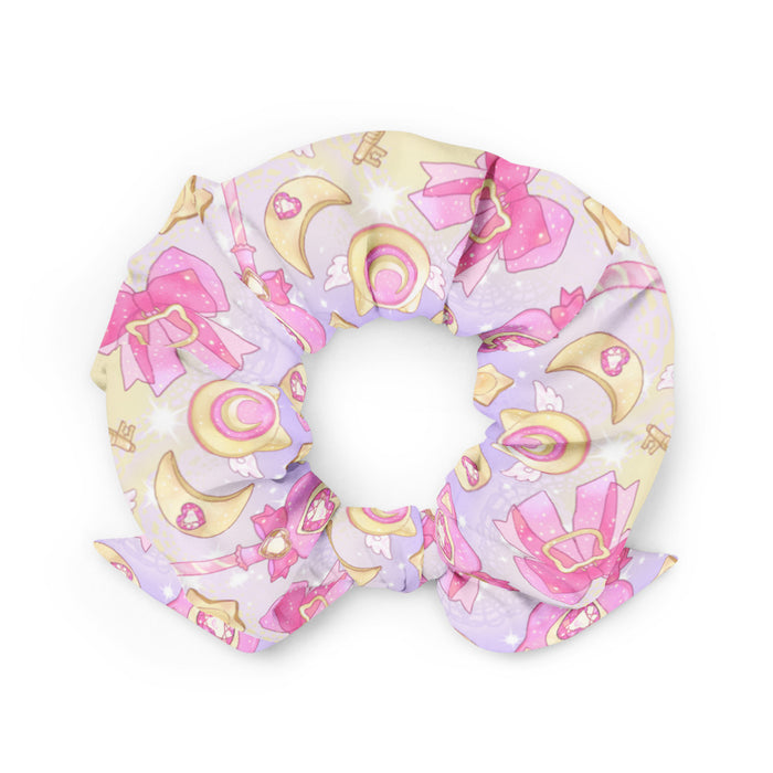 Magical Girl kawaii scrunchie in pink or purple featuring neko compacts and crescent moons