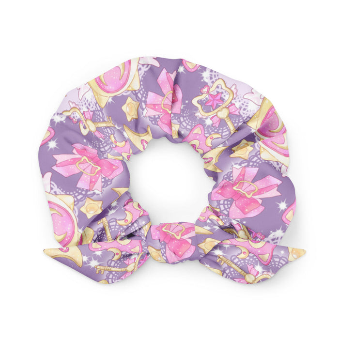 Purple Magical Girl kawaii scrunchie with ribbon bows and golden stars