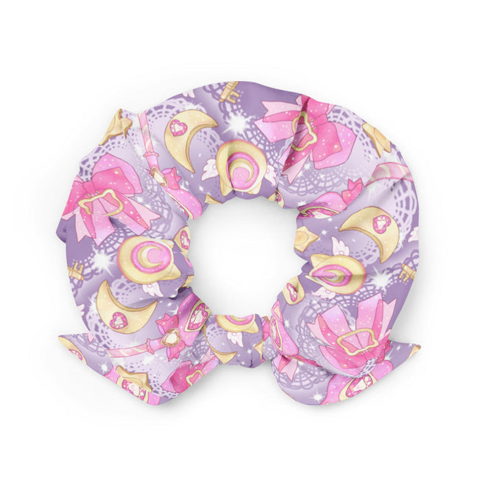 Magical Girl kawaii scrunchie covered in magic scepters and heart gems, in purple