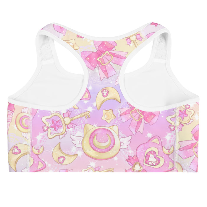 Magical Girl kawaii sports bra in pink featuring neko compacts and crescent moons
