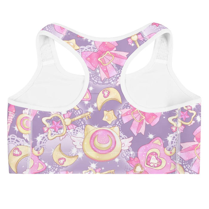 Magical Girl kawaii sports bra covered in magic scepters and heart gems, in pink and purple