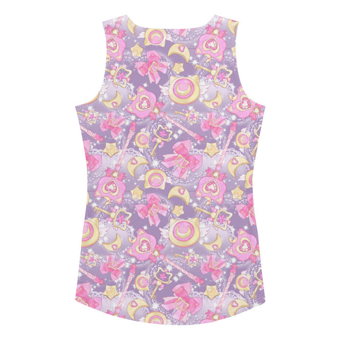 Magical Girl kawaii tank top covered in magic scepters and heart gems, in pink or purple