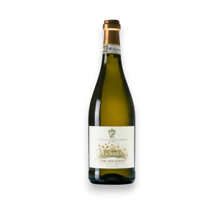 A bottle of MARCHESI DI GRESY LA SERRA MOSCATO 2025 by WINE: WINEBOW, an exquisite sparkling wine from Piedmont, Italy, featuring a gold foil top and a white label, displayed on a plain white background.