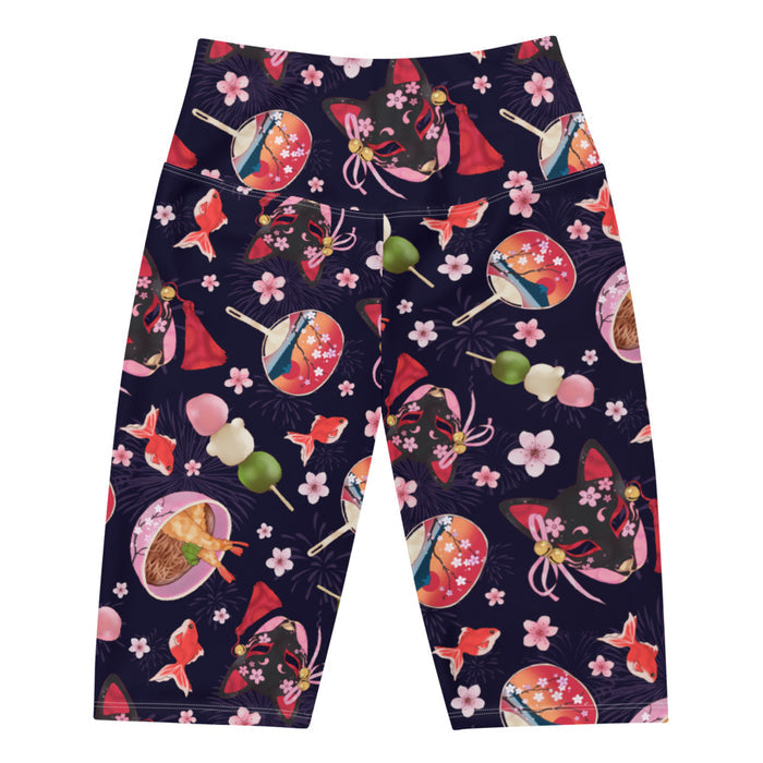 Matsuri kawaii biker shorts with black kitsune masks and red goldfish