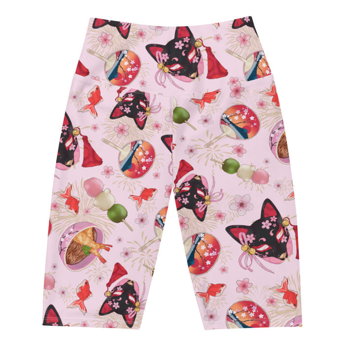 Matsuri kawaii biker shorts in pink with uchiwa fans and tricolor dango
