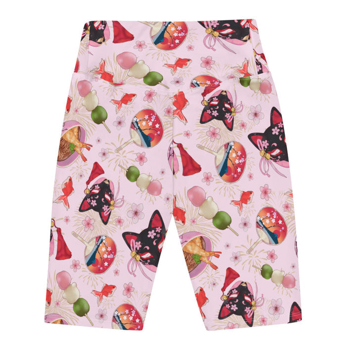 Matsuri kawaii biker shorts in pink with sakura-painted kitsune masks and goldfish