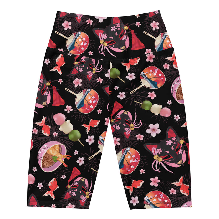 Matsuri kawaii biker shorts in black with red goldfish and cherry blossoms