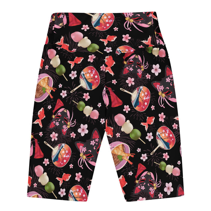 Matsuri kawaii biker shorts with paper fans and hanami dango