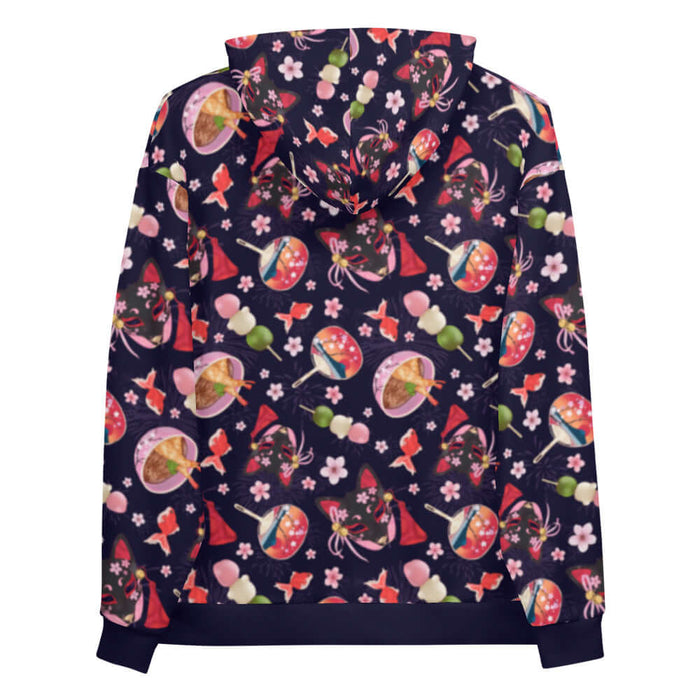 Matsuri kawaii hoodie with firework bursts and hanami dango