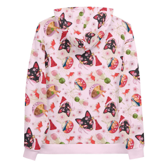 Matsuri kawaii hoodie with sakura-painted kitsune masks and goldfish