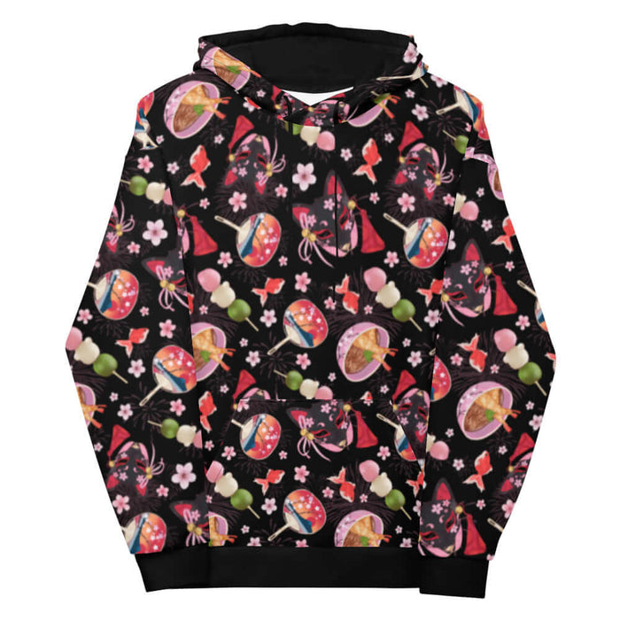 Matsuri kawaii hoodie in black with red goldfish and cherry blossoms