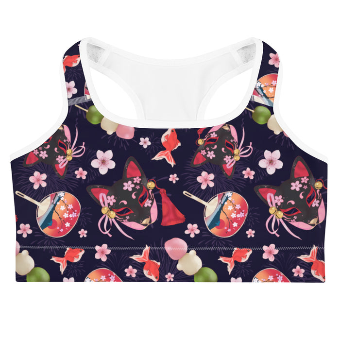 Matsuri kawaii sports bra with black kitsune masks and red goldfish