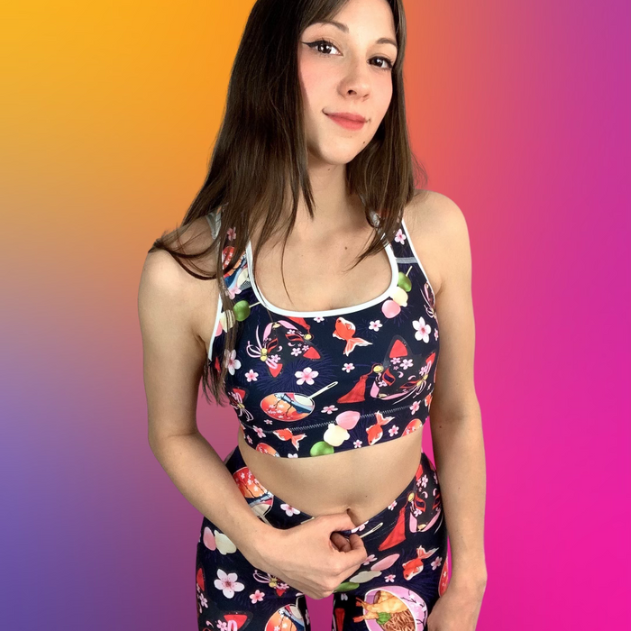 Matsuri kawaii sports bra with uchiwa fans and tricolor dango
