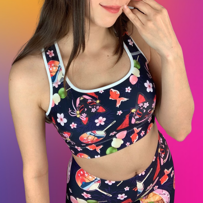 Matsuri kawaii sports bra with sakura-painted kitsune masks and goldfish