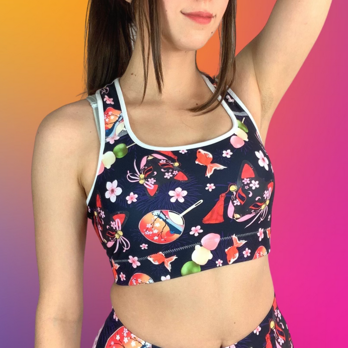 Matsuri kawaii sports bra with red goldfish and cherry blossoms