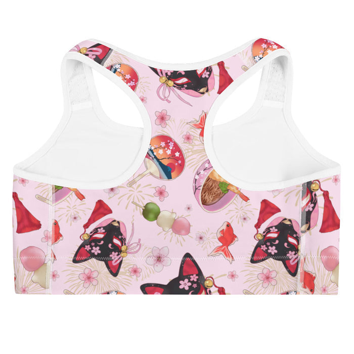 Matsuri kawaii sports bra in pink with kitsune masks and sakura blossoms