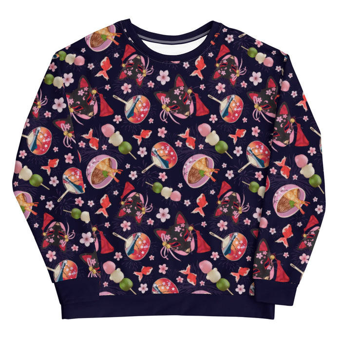 Matsuri kawaii sweatshirt with faint fireworks and kitsune masks
