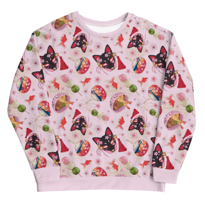 Matsuri kawaii sweatshirt in pink with uchiwa fans and tricolor dango