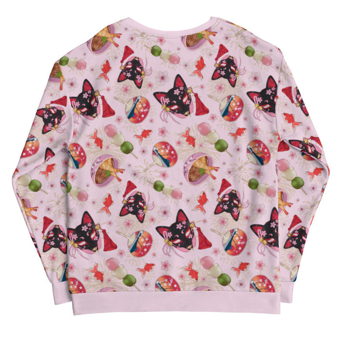 Matsuri kawaii sweatshirt with sakura-painted kitsune masks and goldfish