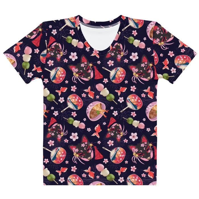 Matsuri kawaii t-shirt with black kitsune masks and red goldfish