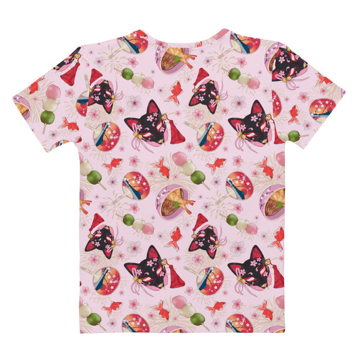 Matsuri kawaii t-shirt with sakura-painted kitsune masks and goldfish