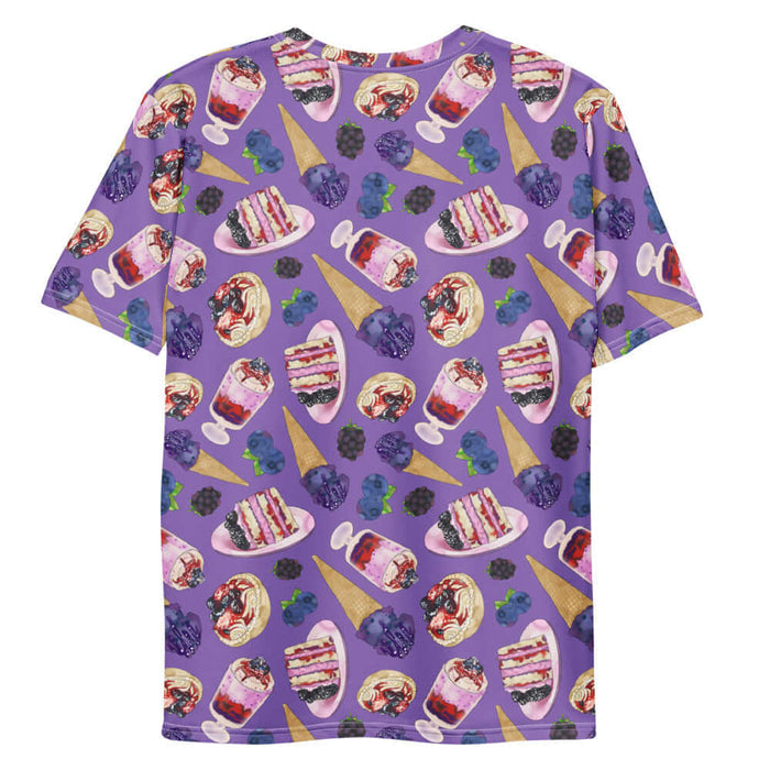 Berry kawaii men's t-shirt in violet with leaf-tucked blueberries and glossy jam tarts