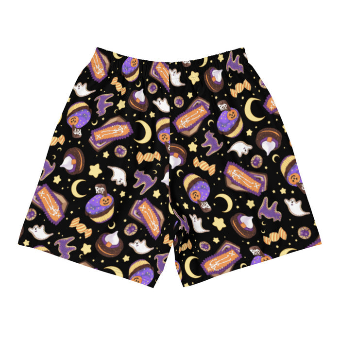Halloween Treat alternative men's athletic shorts in black with marshmallow ghosts and witch hats