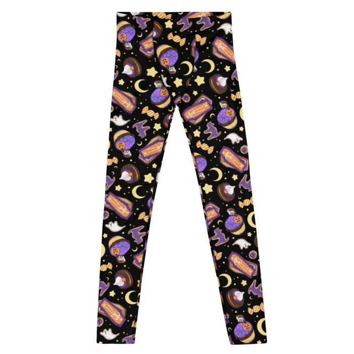 Halloween Treat alternative men's leggings in black with coffin cakes and marshmallow ghosts