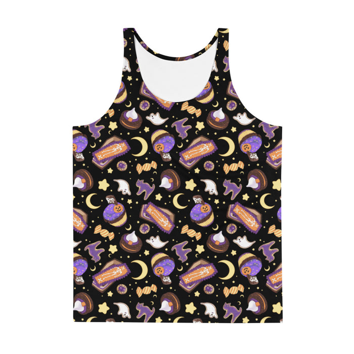 Halloween Treat alternative men's tank top in black with golden stars and pumpkin cupcakes