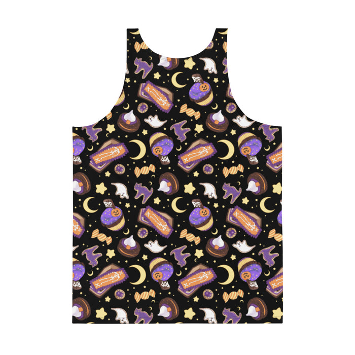 Halloween Treat alternative men's tank top in black with wrapped candies and RIP cookies