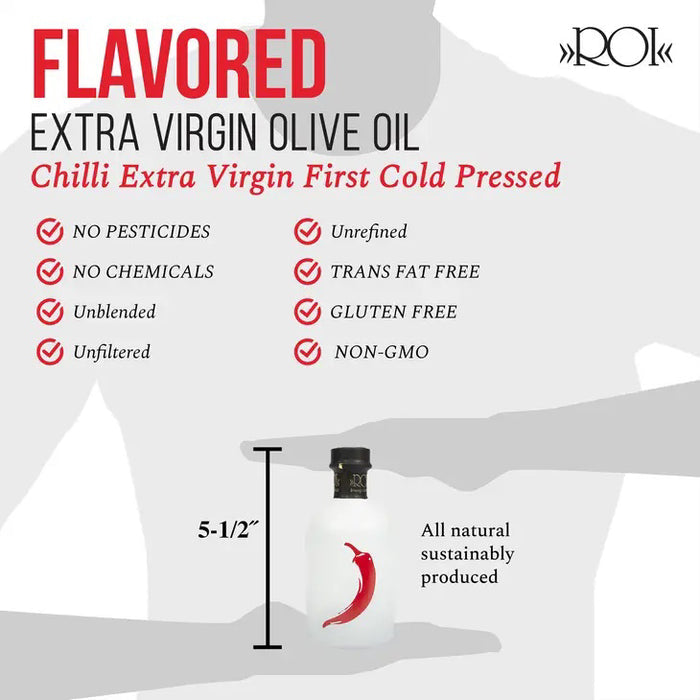 A white bottle with a black cap displays a bold red chili pepper illustration, gold and black decorative text on the neck, and contains MERCATO DI BELLINA - ITALIAN CHILI PEPPER INFUSED OLIVE OIL.