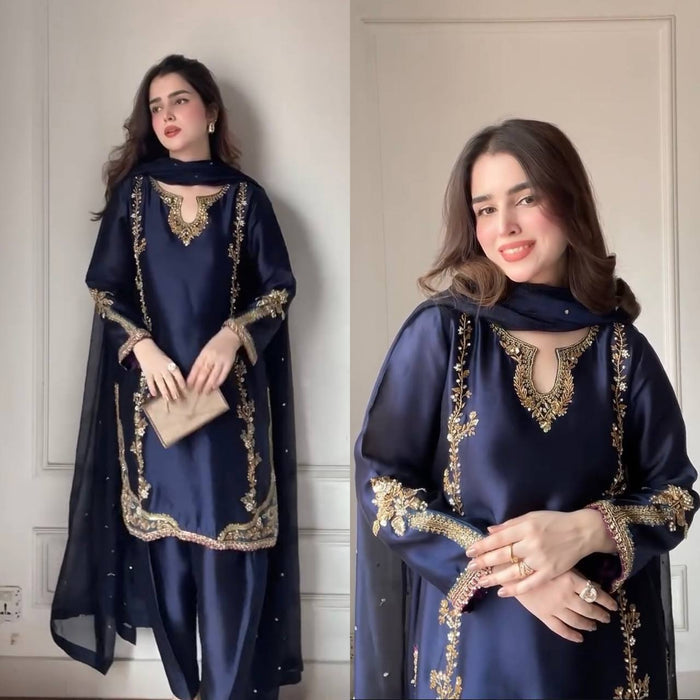 Midnight Blue Zari Bids Hand Work Full Hand Work Suit Set