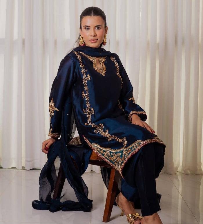 Midnight Blue Zari Bids Hand Work Full Hand Work Suit Set