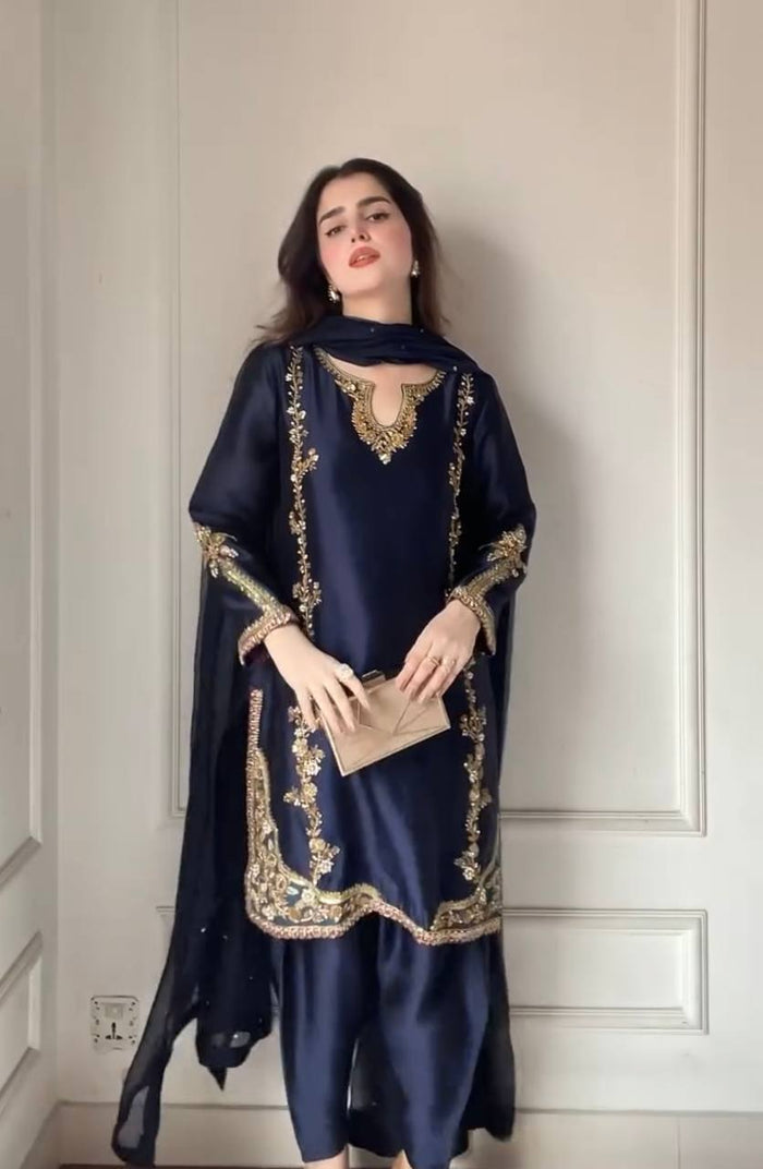 Midnight Blue Zari Bids Hand Work Full Hand Work Suit Set