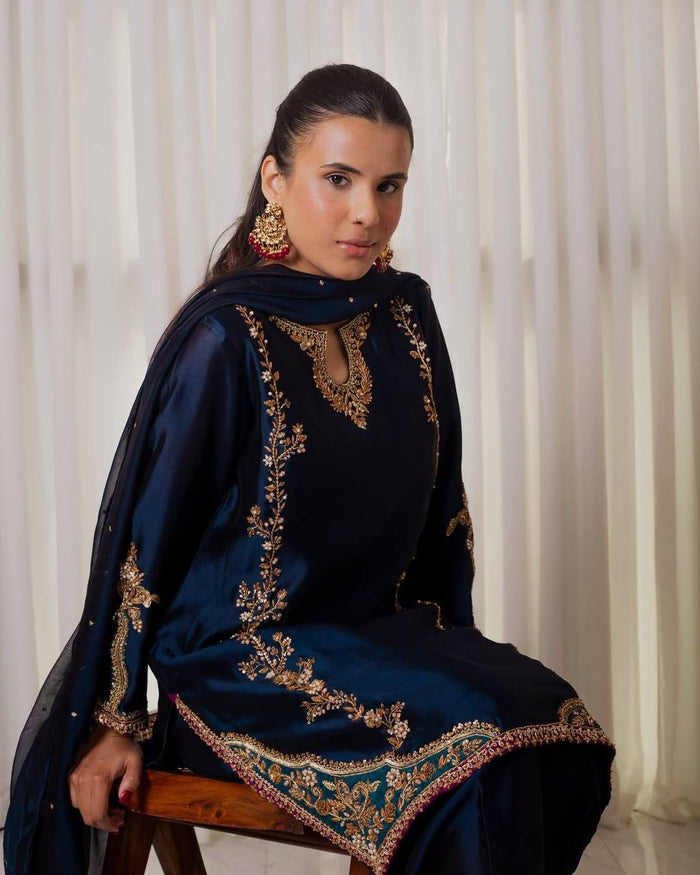 Midnight Blue Zari Bids Hand Work Full Hand Work Suit Set