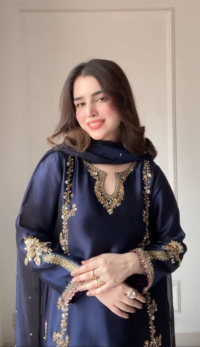 Midnight Blue Zari Bids Hand Work Full Hand Work Suit Set