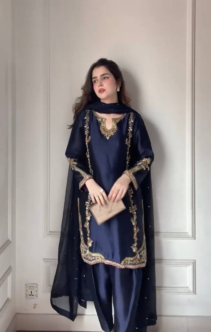 Midnight Blue Zari Bids Hand Work Full Hand Work Suit Set