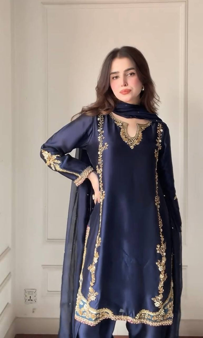 Midnight Blue Zari Bids Hand Work Full Hand Work Suit Set