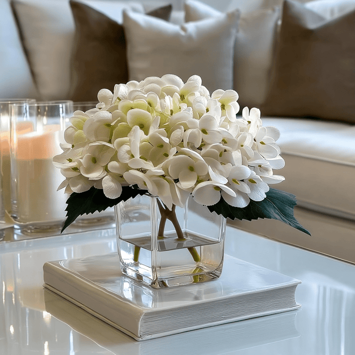 Mini Faux Cream Hydrangeas Floral Arrangement in Square Glass Vase Accessories