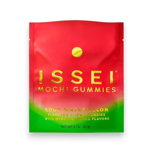 A red and green pouch of MOCHI GUMMIES - SOUR WATERMELON from MOCHI GUMMIES, featuring yellow text and a small yellow circle above the brand name. This 2 oz (57 g) package contains chewy, sweet and sour candies—ideal for anyone who loves watermelon-flavored treats.