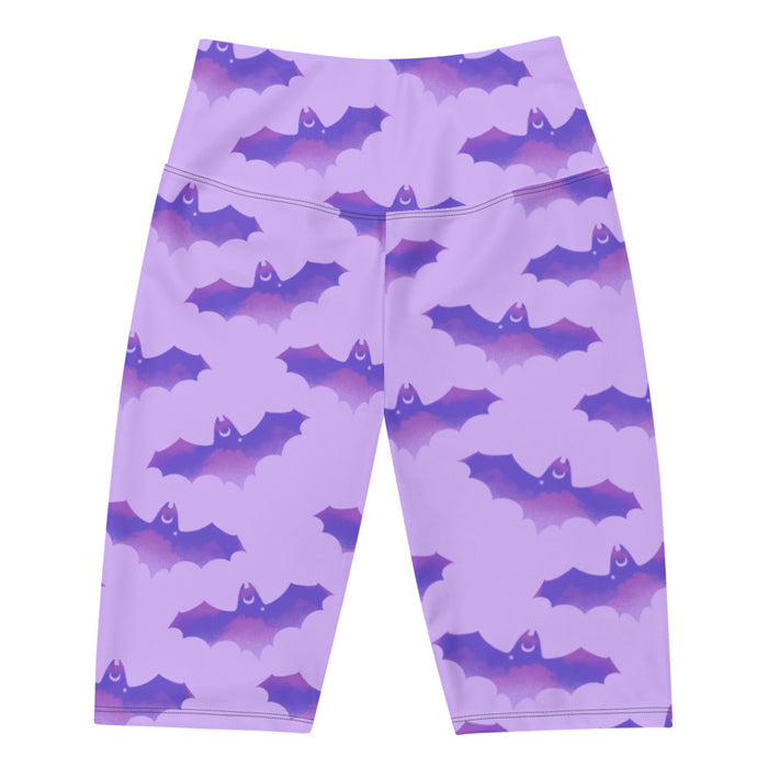 Morrigan gothic biker shorts in lavender with watercolor bats and crescent moons